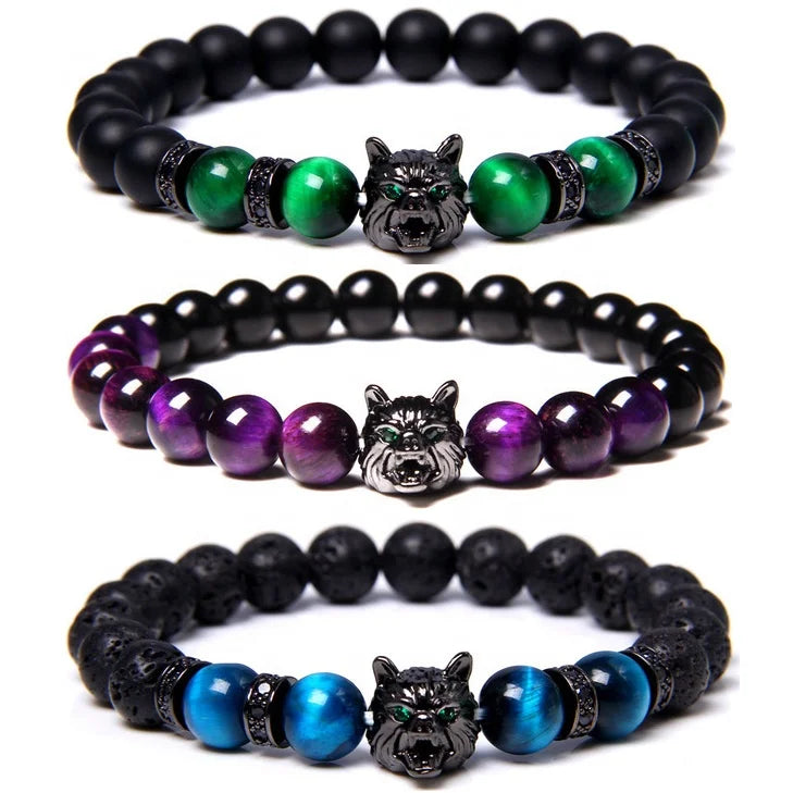 HIGH QUALITY Genuine Lava Tiger Eyes Healing Natural Stone Beads Men Charm Wolf Head Bracelet Jewelry for Male