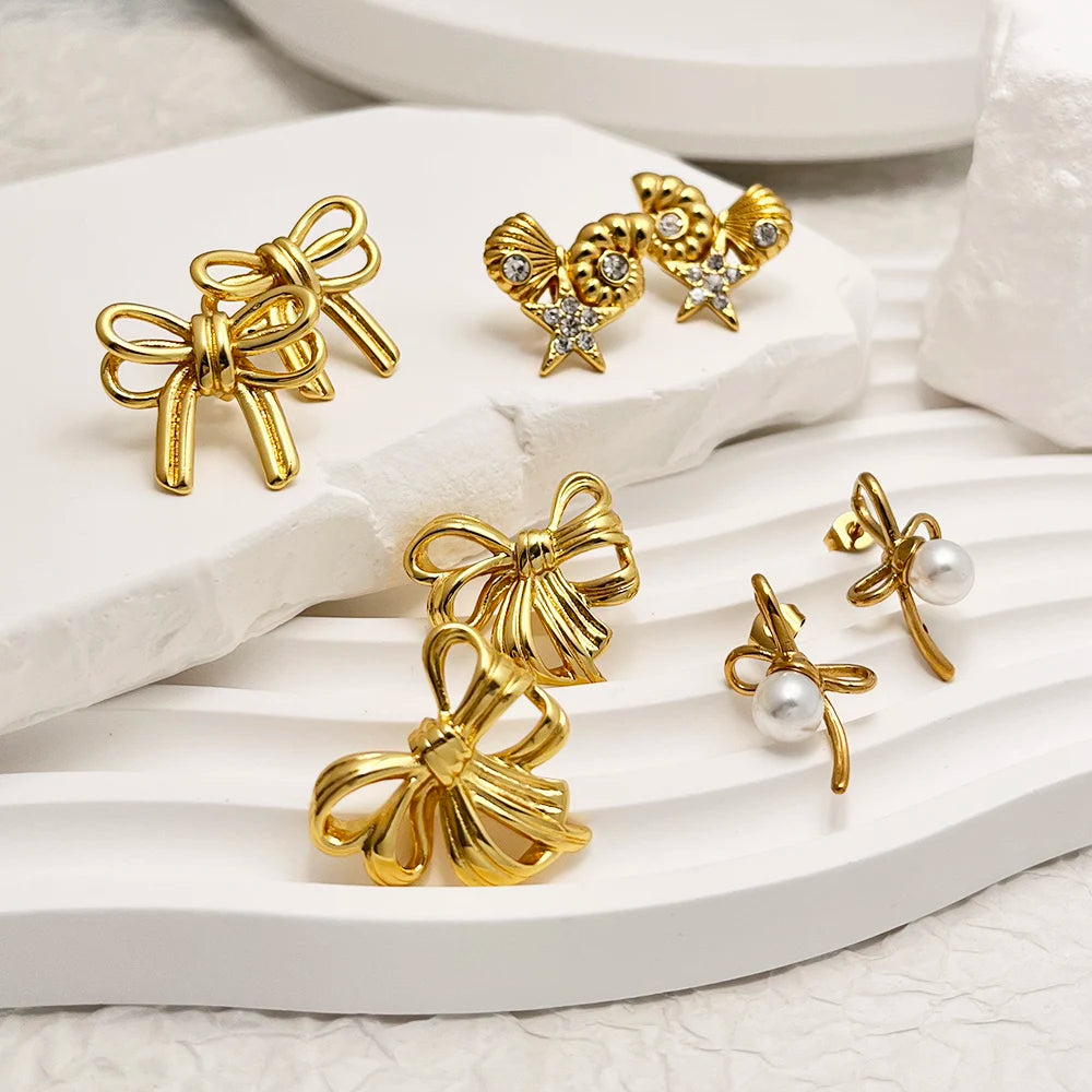 Elegant Stainless Steel Plated Bow Stud 18K Gold Plated Earrings Delicate Earrings for Women Daily Wear