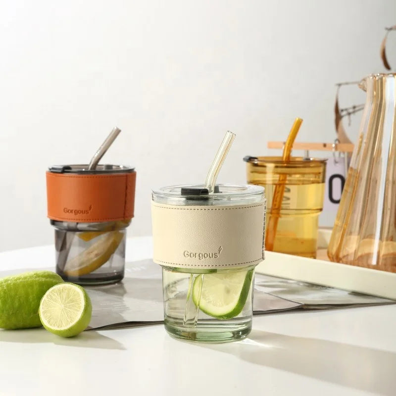 Transparent Coffee Glass Water Cup Products Coffee Juice Drink Cups Reusable Glass Mug with Lid and Straw