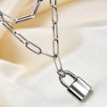 Stainless Steel Lock Necklace 2 Layer Chain Flat Long O Chain Lock Pendant Double Layered Chain Gold Plated Women Necklace