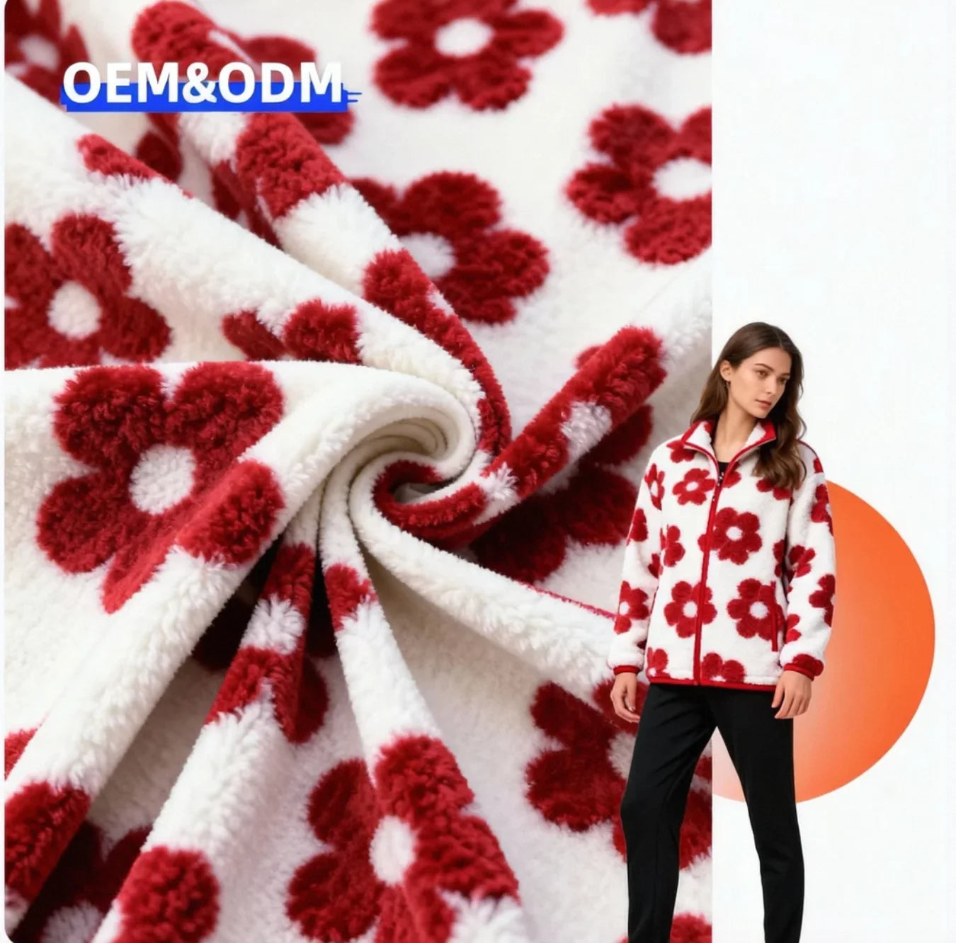 New Design 100%polyester Red Flower Jacquard Sherpa Lamb Wool Fur Fleece Fabric for Coat