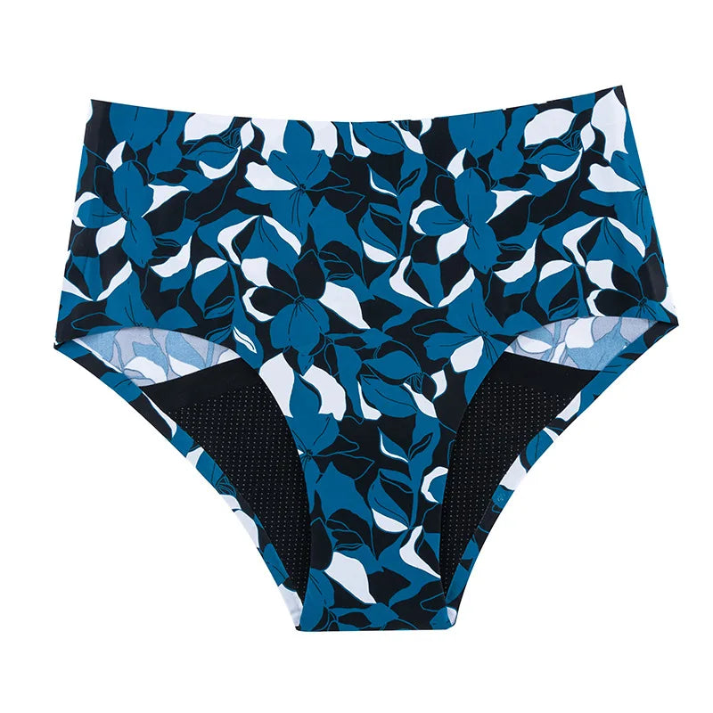 Printed High Waist 4 Layers Protective Leak Proof Seamless Briefs Postpartum Menstrual Underwear Period Panties