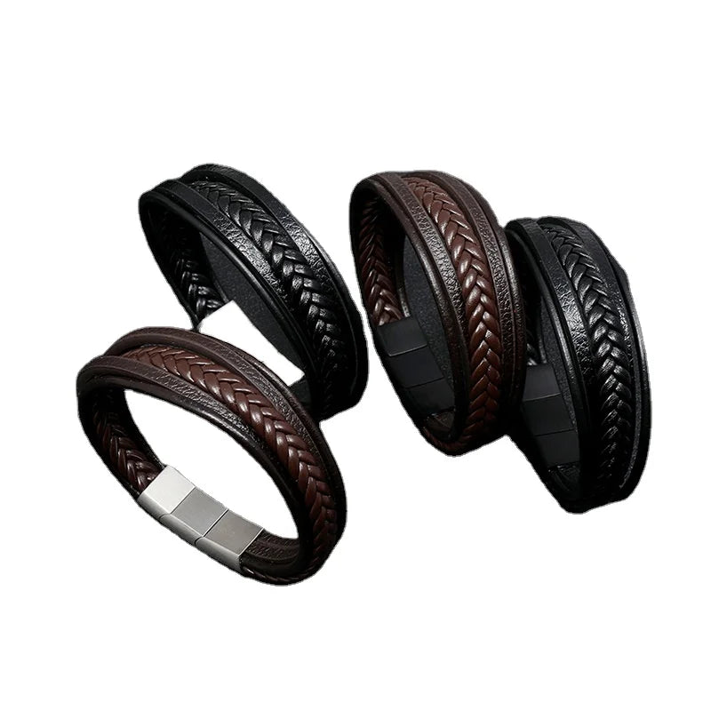 European American Style Men's Leather Bracelet Hot Selling Multilayer Stainless Steel Magnetic Buckle Fashionable Braided Design