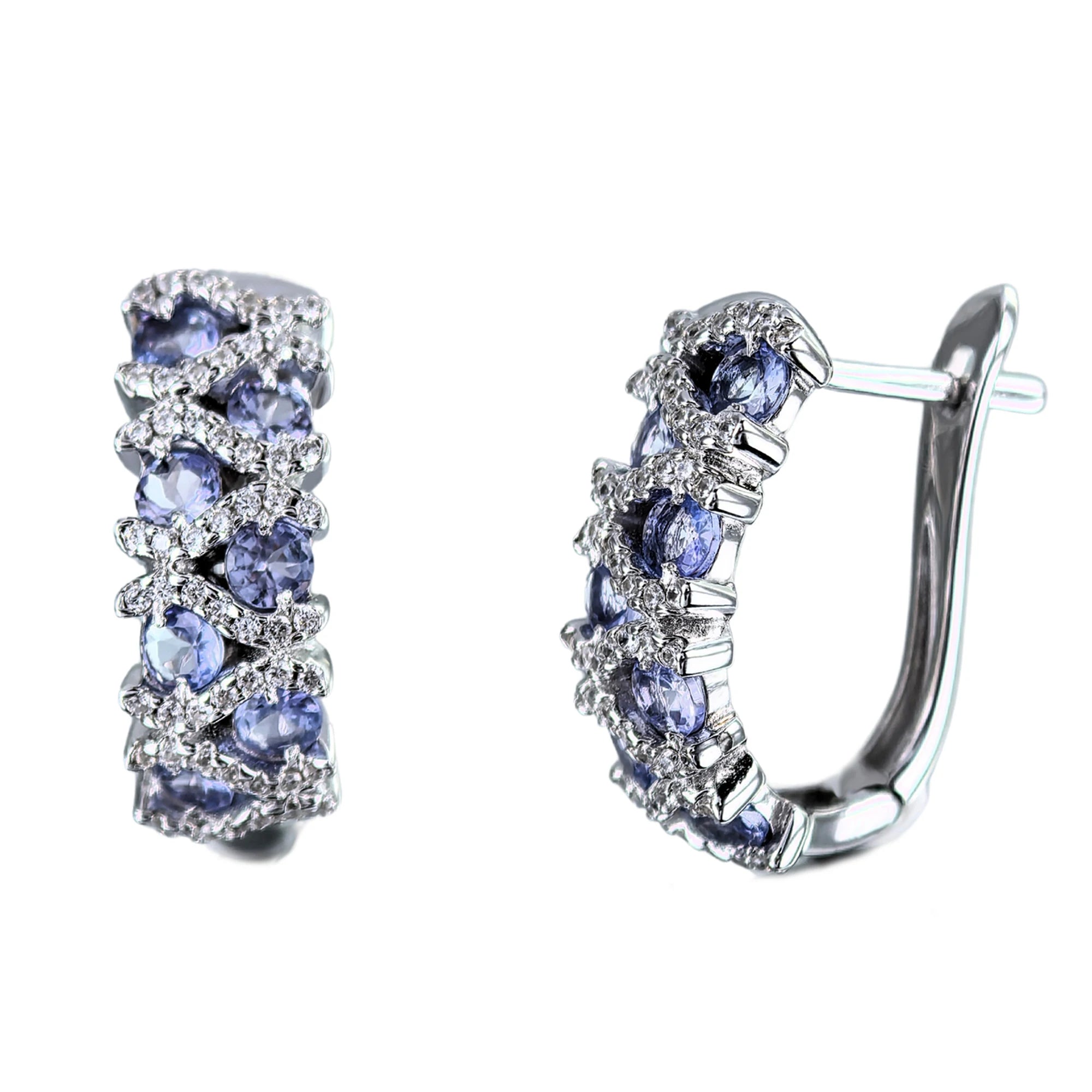 Exquisite Rhodium Plated Silver 925 Jewelry Natural Tanzanite Hoop Earrings for Women Fine Jewelry Earrings