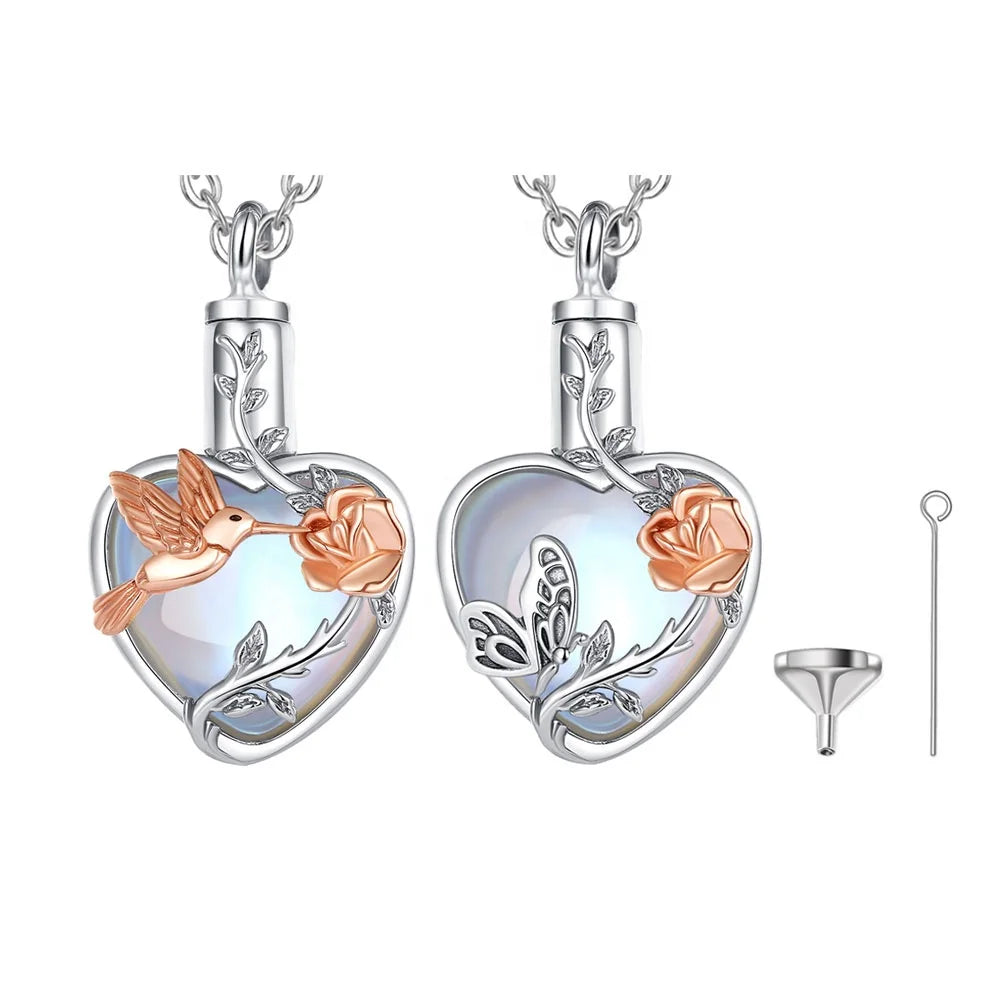 Vintage 925 Sterling Silver Memorial Jewelry Large Capacity Cremation Urn Pendant Necklace Heart Shaped Moonstone Pet Ashes