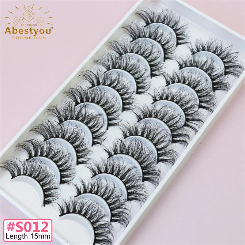 Abestyou 10 Pairs Handmade Super Fine Cat Eye Full Strip Natural Long for Wispy Faux Mink False Eyelashes