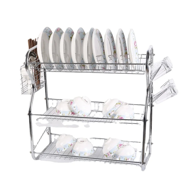 Multi-functional Iron-plated Silver Standing Non-Folding Three-Layer Dish Drainer Rack with Dish Drying Function