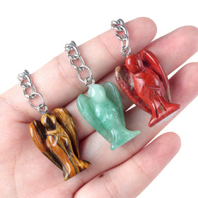 Natural Stone Crystal Carving Angel Wings Stainless Steel Key Chain Crystal Amethyst Rose Quartz Pendant Key Chain