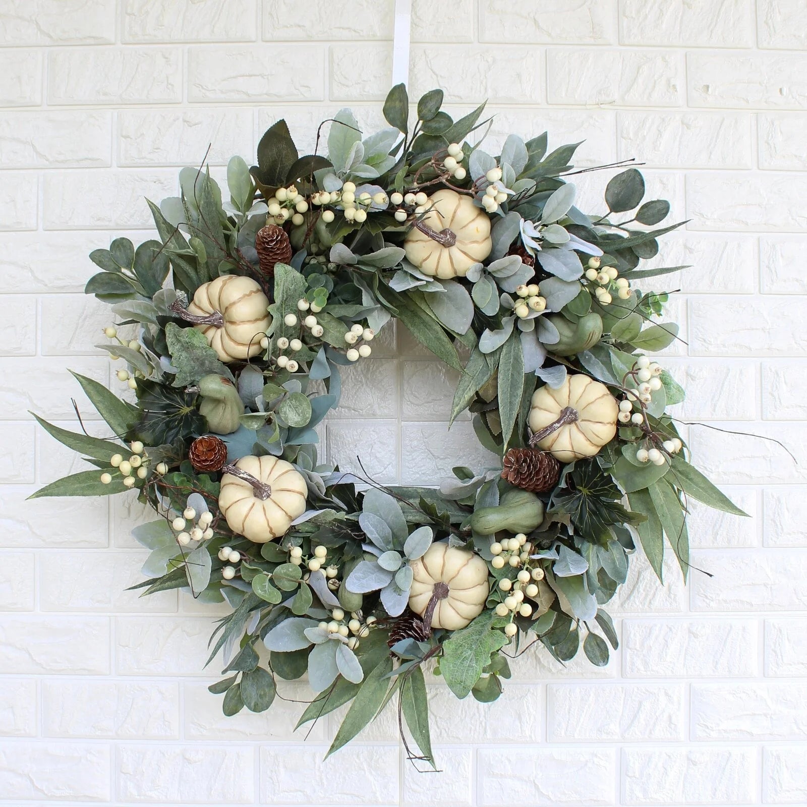 Wholesale Cross-border Autumn Season Fall White Pumpkin Wreath Home Decoration Outdoor Hanging