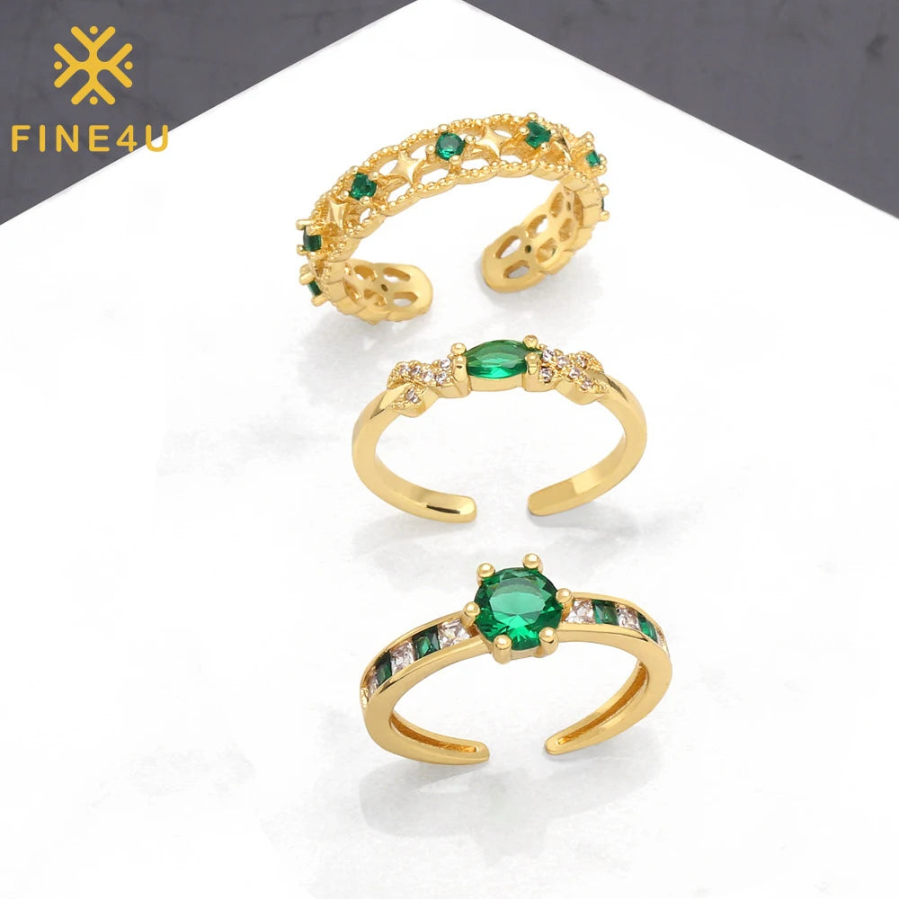 Trendy Fashion Jewelry Geometric Diamond Green Cz Stone Brass Gold Plated Zircon Rings for Women