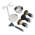 Personal Men's Vintage 5-Bladed Wet Safety Razor Synthetic Bristle Shaving Brush Set Stainless Steel Aluminum Cup Grooming Care