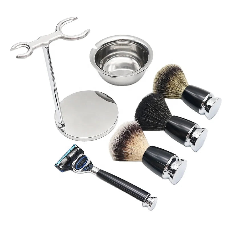 Personal Men's Vintage 5-Bladed Wet Safety Razor Synthetic Bristle Shaving Brush Set Stainless Steel Aluminum Cup Grooming Care