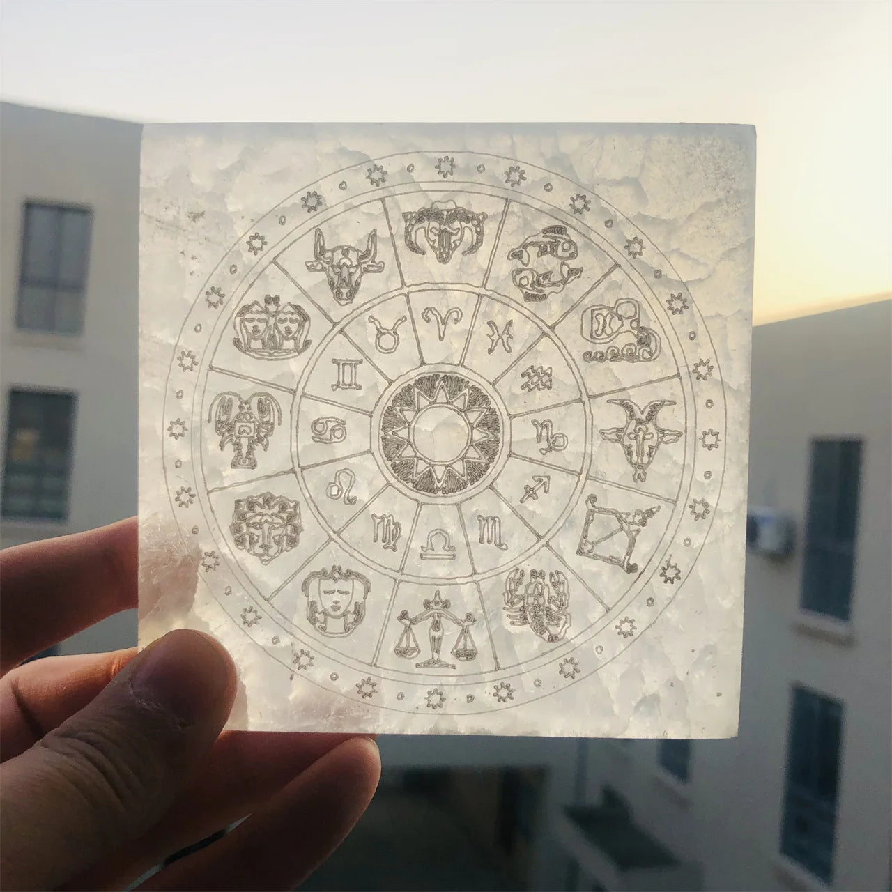 Wholesale Selenite Charging Plate Natural White Selenite Slabs Square Selenite Coasters Hand Carving With 12 Zodiac