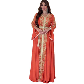 2024 New Design Women Muslim Robe Skirt Middle Eastern Women's Elegant Embroidered Evening Dress Arabian Long Sleeve