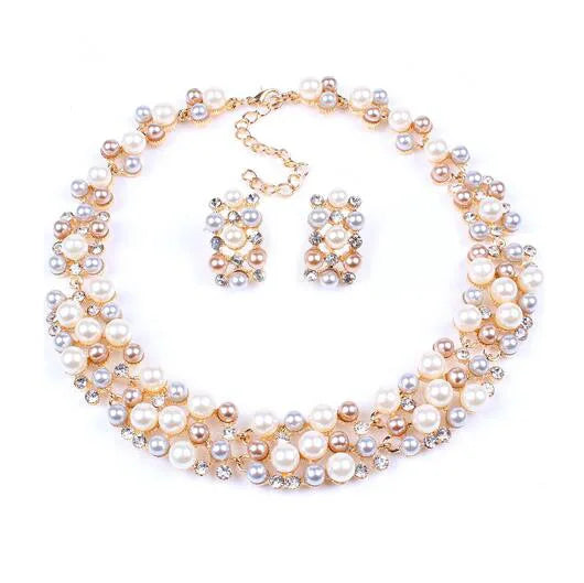 European and American Fashion Bridal Jewelry Accessories Sets Artificial Pearl Diamond Alloy Short Bridal Necklace Earrings Set