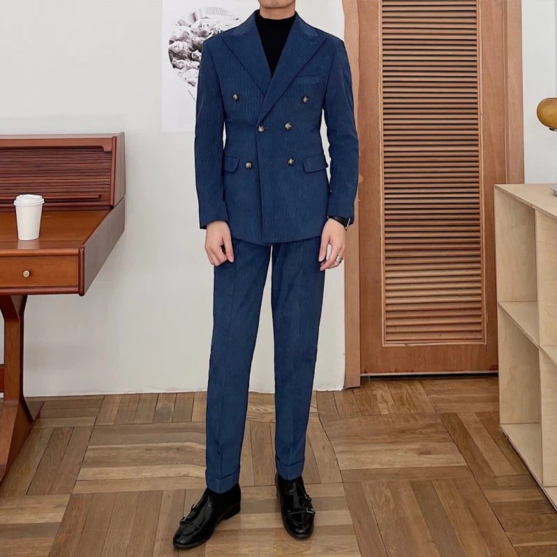 Men's Retro Winter Business Suit New Double Breasted Style Flat Front Fashionable Corduroy Wool Worsted Fabric Men's Fashion Set