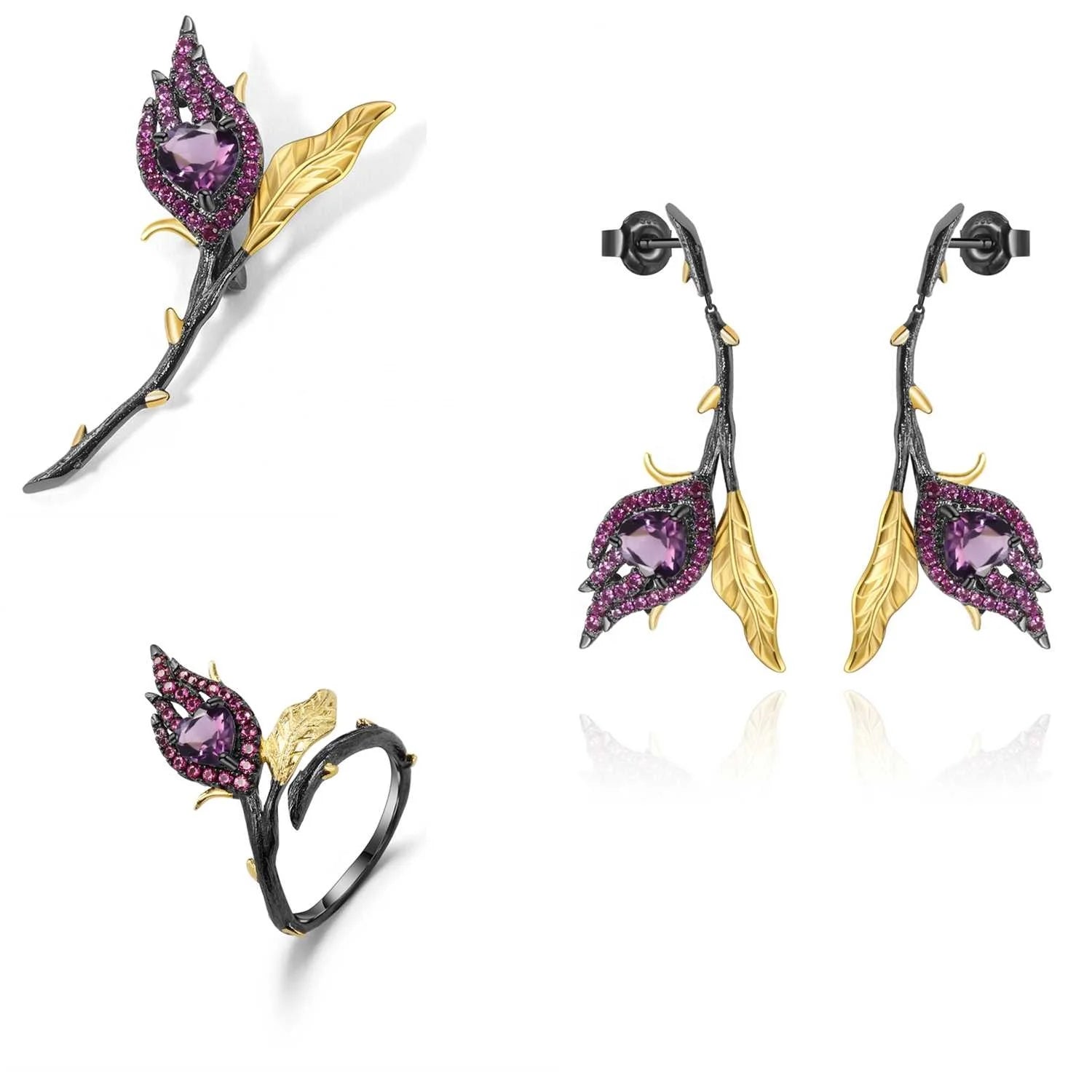Abiding Women Jewelry Sets 925 Sterling Silver Rosebuds Amethyst Earrings Ring Brooch Pendant Necklace Wedding Gift Jewelry Sets