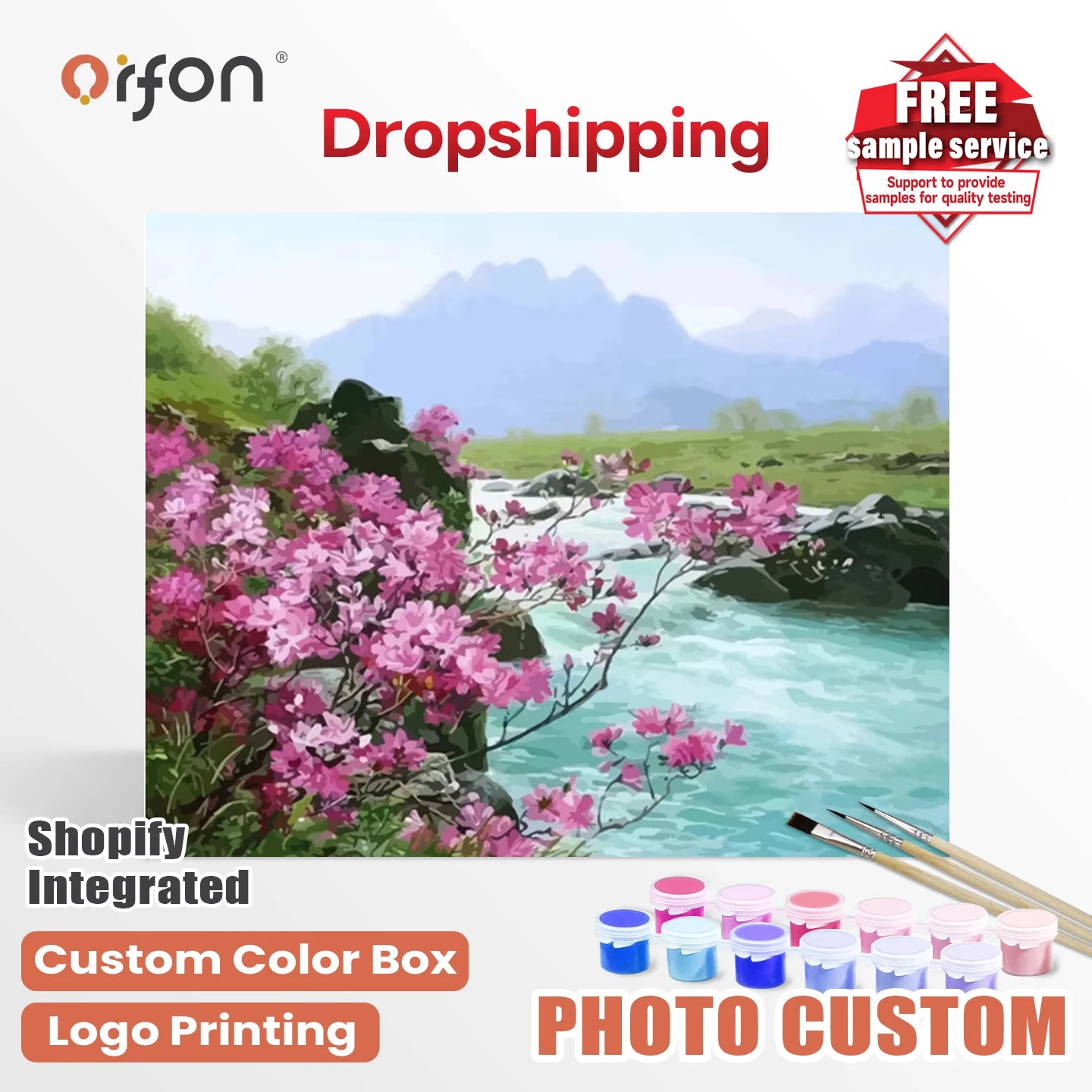 Orfon Factory Dropshipping Landscape Paint by Numbers Kit - Pink Blossom River Mountain Scene Art for Home Decor DIY Craft