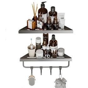 Bathroom Storage Shelf with Hook Wall Mounted Shower Bathroom Glass Shelf Steel Towel Rack Corner Shelf Without Drilling