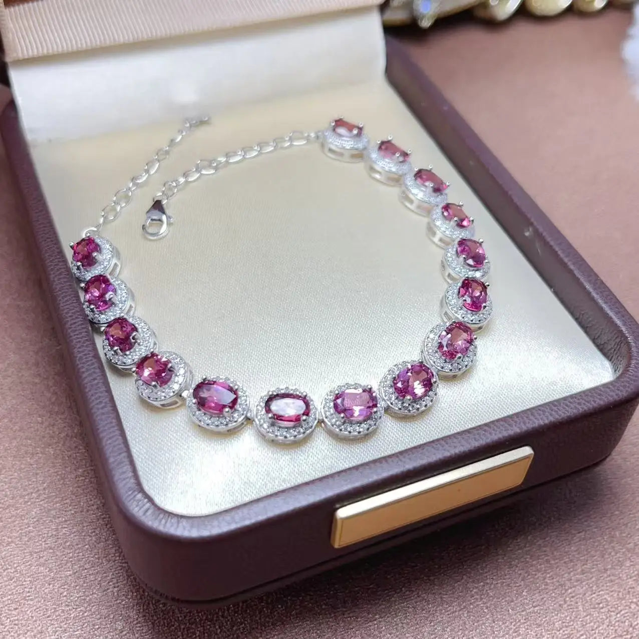 Hot Sale 925 Sterling Silver Natural Garnet Fashion Chain Link Charm Women Bracelet Wholesale