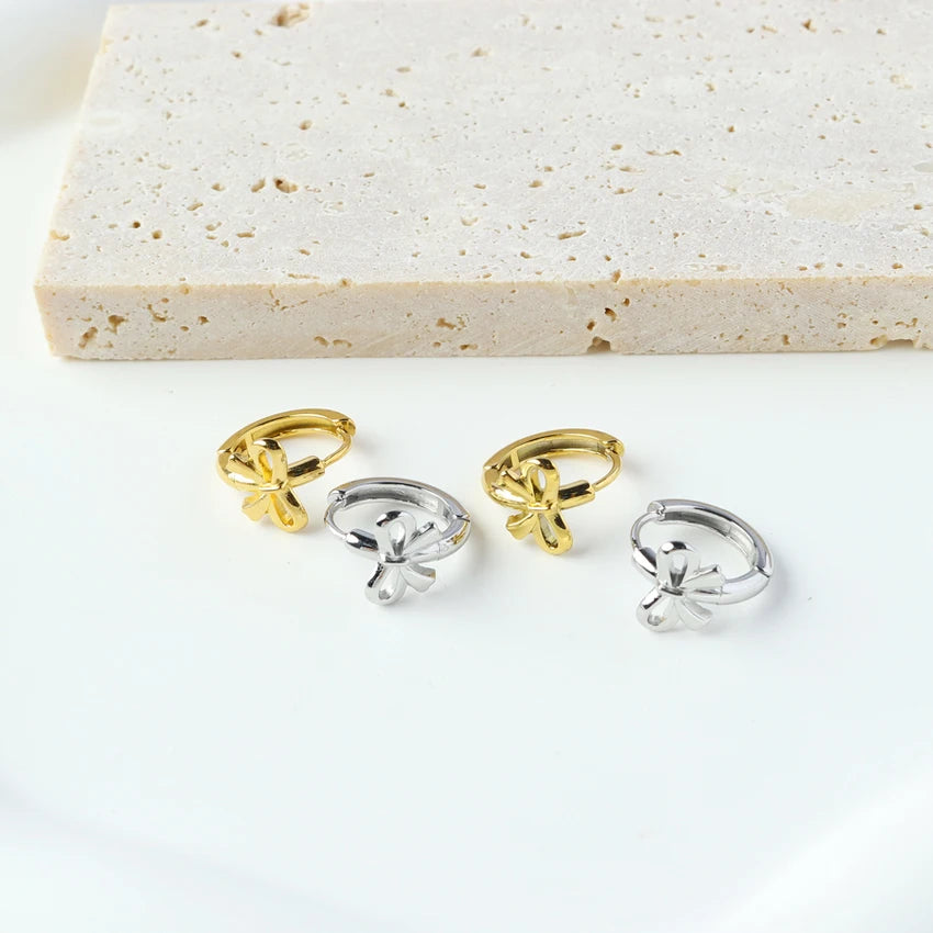 Wholesale Factory Direct Simple Irregularity Line Bowknot Gold Plated Hoop Earrings Women's Stainless Steel Fine Jewelry Earring