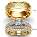 18k Gold Plate Crystal Square Cubic Zirconia Wedding Rings Dragon Design Stainless Steel Couple Ring Set