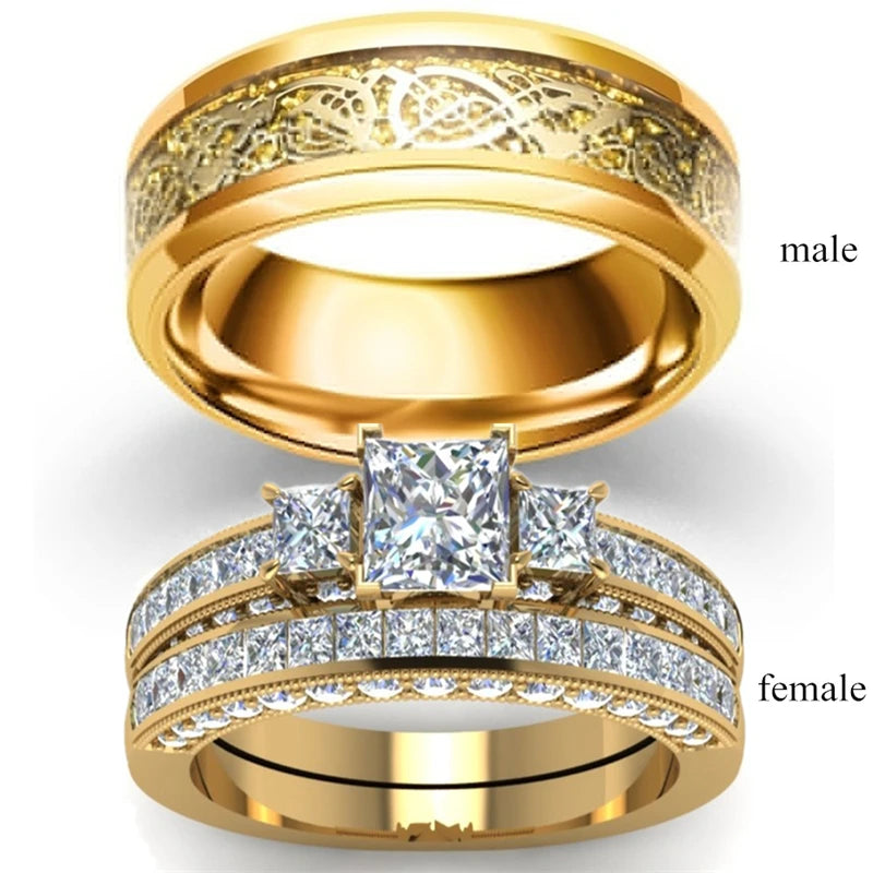 18k Gold Plate Crystal Square Cubic Zirconia Wedding Rings Dragon Design Stainless Steel Couple Ring Set