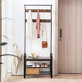 Modern Multi-Layer Free Standing Wooden Shoes and Coat Rack Single Piece with Living Room Application Featuring Metal Shelf