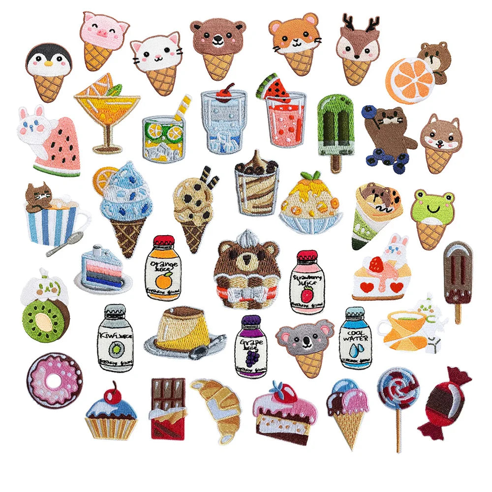 Customized Cute Afternoon Tea Time Animal Ice Cream Fruit Cake Embroidered Self Adhesive Patches Sticker for Phone Mobile case