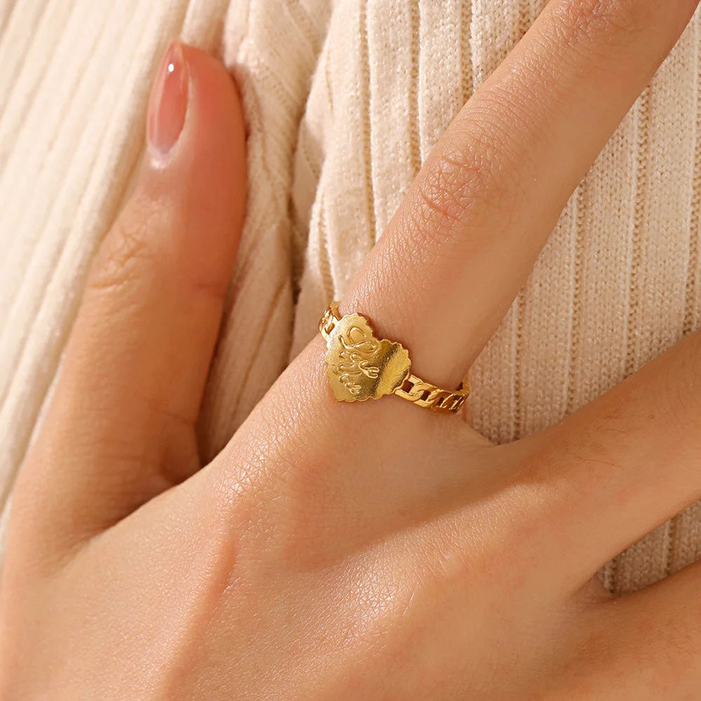 Nabest Waterproof Women Open Heart Charm Ring Stainless Steel Resizable 18K Gold Plated Love You Engagement Jewelry Rings