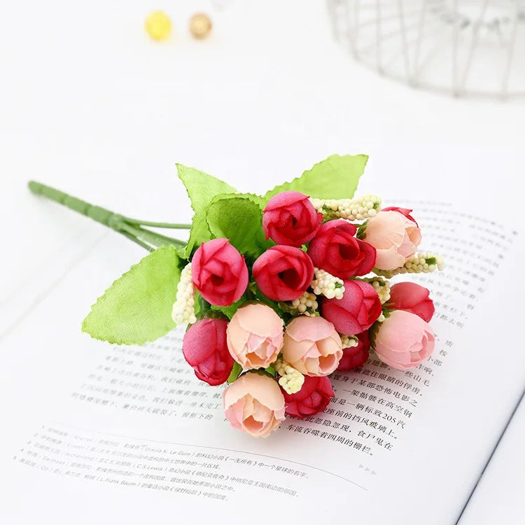 Autumn Mini Tea Bag Shooting Props 15pcs Artificial Star Bud Plastic Desktop Pendulum Bunch Flower-Themed Rose for Spring Fall