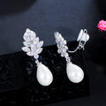 Shiny Cubic Zirconia Pave Leaf Shape Dangling Drop Pearl Non Pierced Ear Clips on Earrings for Women Without Hole