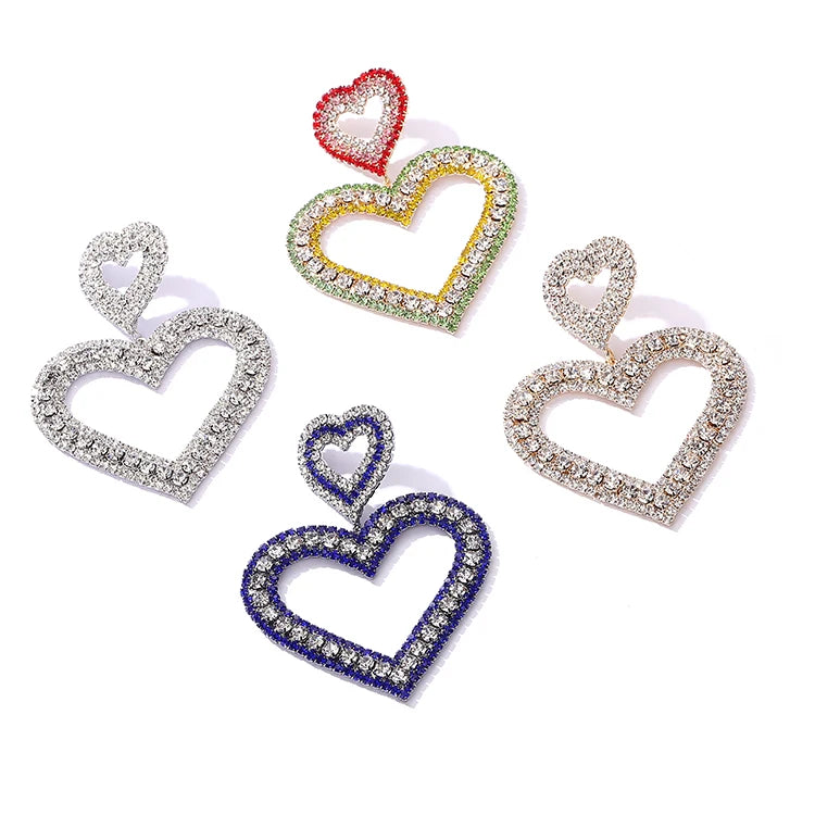 Gold Plated Double Dangling Heart Earrings Women's Jewelry with Exaggerated Diamond and Needle Design Made of Brass