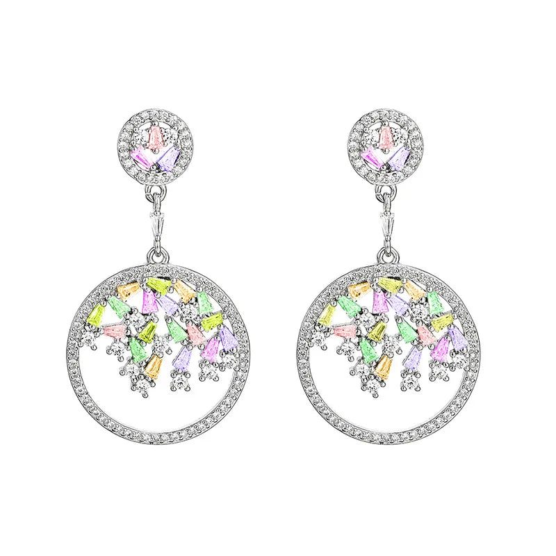 Fine 925 sterling silver irregular trapezoidal CZ diamond creative geometric round circle earrings for women