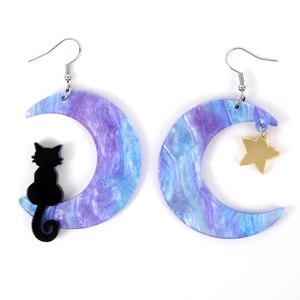 Best Selling Anime Night Cute Black Kitten Moon Gradient Blue Stars Student Ornaments Acrylic Earrings for Girls