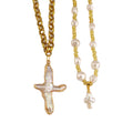 NP1057 Chic Faux Pearl and Seed Beaded Baroque Freshwater Cross Pearl Pendant Stainless Steel Chain Necklace Religious Jewelry
