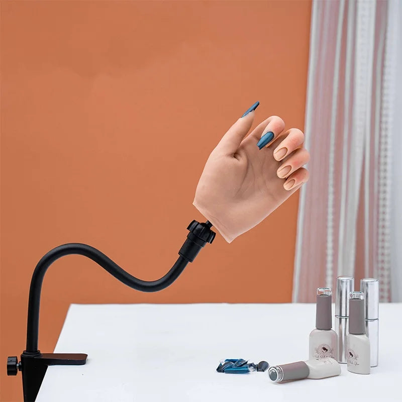 Silicone Practice Hand for Nails Dark with Supporter Hand Model with Joints Bendable Matching Nail Piece Nail Art Training Hands