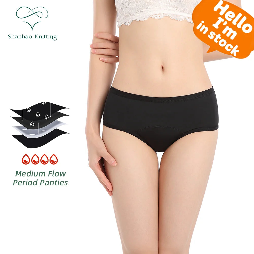 Shanhao OEM Menstrual Panties Women High Cut Ribbed Cotton 4 Layers Absorbent Leakproof Underwear Period Panties for Women