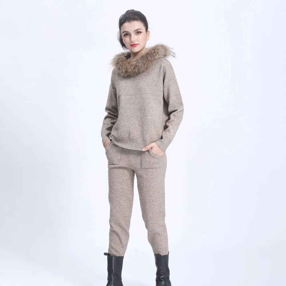 Janefur Women's Fashion Long Sleeve Pure Color Warm Tracksuit Set Female Fashion Knitted Sweater Suit With Fur