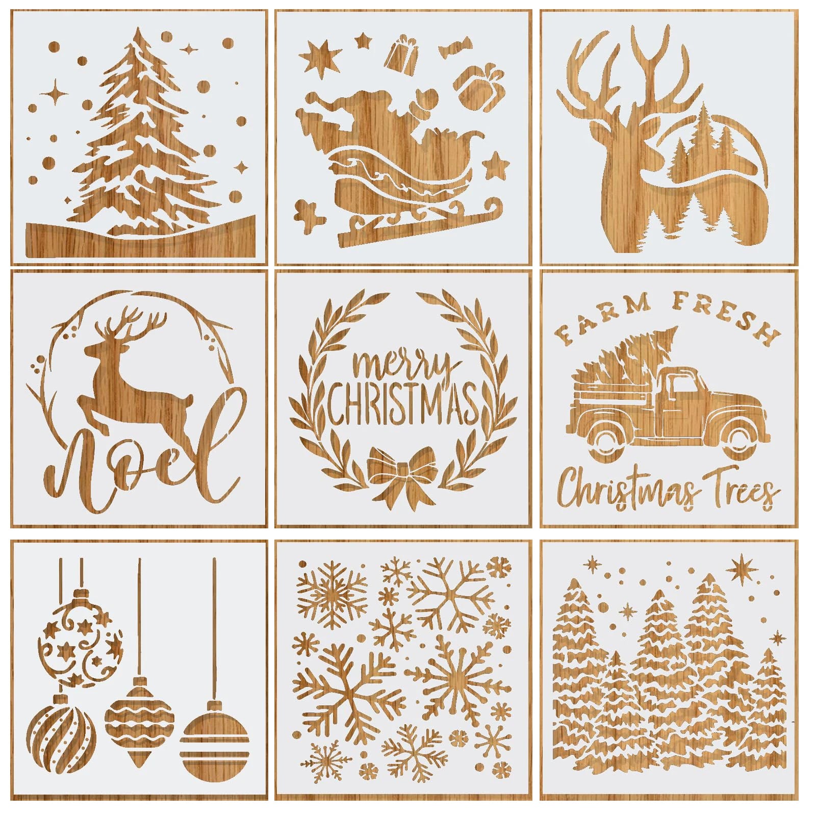 Christmas Stencils for Painting on Wood Holiday Stencils With Trees Farm Fresh Deers Snowflakes and Merry Christmas Stencil
