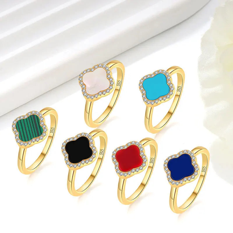 Daidan Black Agate Cubic Zirconia Silver Lucky Agate 925 Sterling Silver 4 Leaf Clover Ring