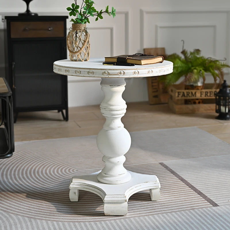 INNOVA French Style Unique Living Room Furniture White Rustic Round Solid Wood Carved Coffee Table