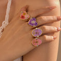 Delicate Waterproof 18K Gold Plated Stainless Steel CZ Heart Shape Colorful Eternal Dried Flower Open Ring for Girls