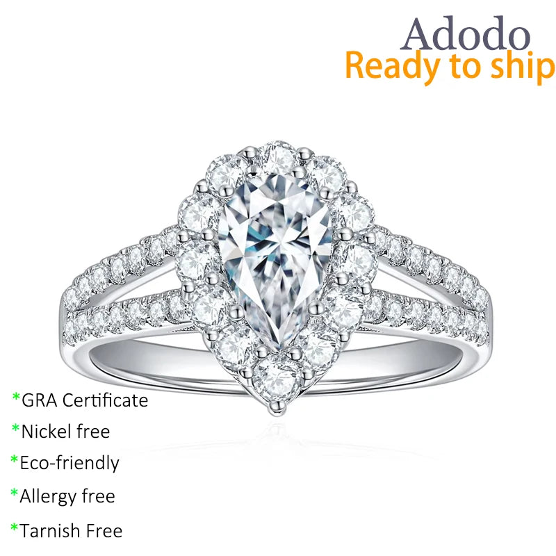 Hot Setting 925 Sterling Silver White Gold Plated Full Insert Mossanite Jewelry Pear Cut 1CT VVS GRA Moissanite Rings
