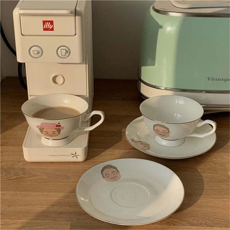 Solhui Ceramic Grandpa grandma Coffee Cup and Saucer Romantic Milk Coffee Cup for Lover