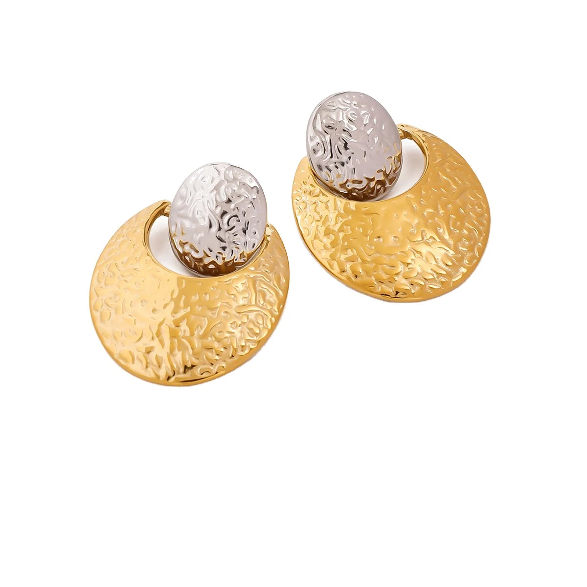 New Arrival Fashion 18K Gold Stainless Steel Two Tone Vintage Hammered Oval Drop Earring Unique Statement Fashion Earrings