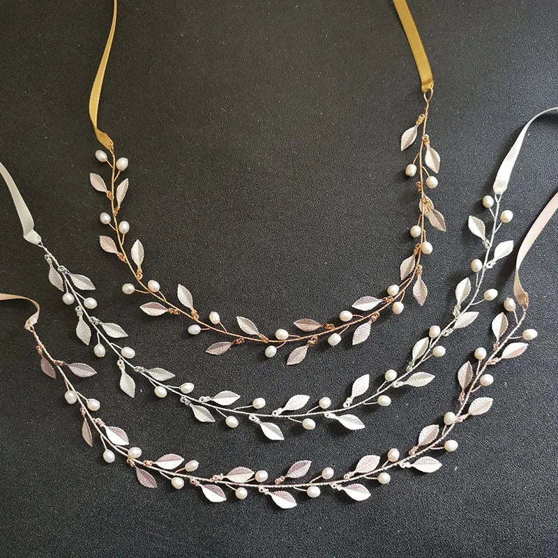 SLBRIDAL Handmade 3 Colors Alloy Leaf Freshwater Pearls Bridal Hair Accessories Wedding Headband Hair Vine Women Jewelry