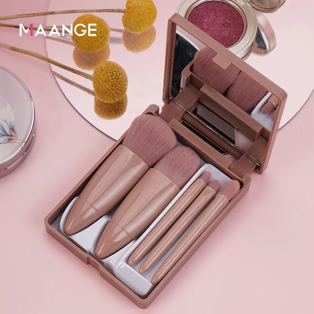 Maange Private Label 5pcs Professional Travel Mini Mirror Brush Pink Makeup Brush Set with Mirror case