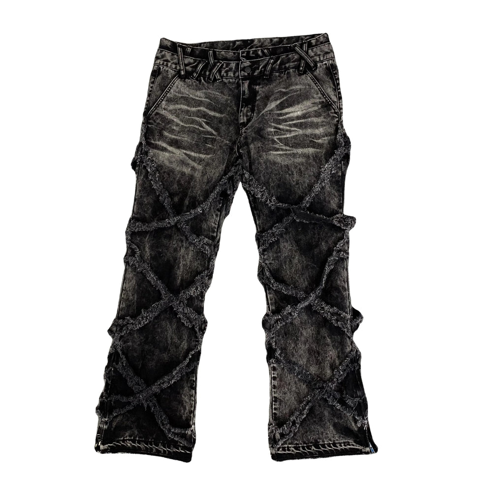 DENIMGUYS Custom Y2K Destroyed Stitching Jeans Men's Black Washed Jeans Gothic Street Wear Distressed Baggy Loose Denim Pants