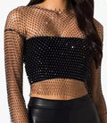 SHIXIN Rhinestone Long Sleeve Crystal See Through Cover up Crop Tops Fishnet Bikini Black Nightclub Party Jewelry Wholesale